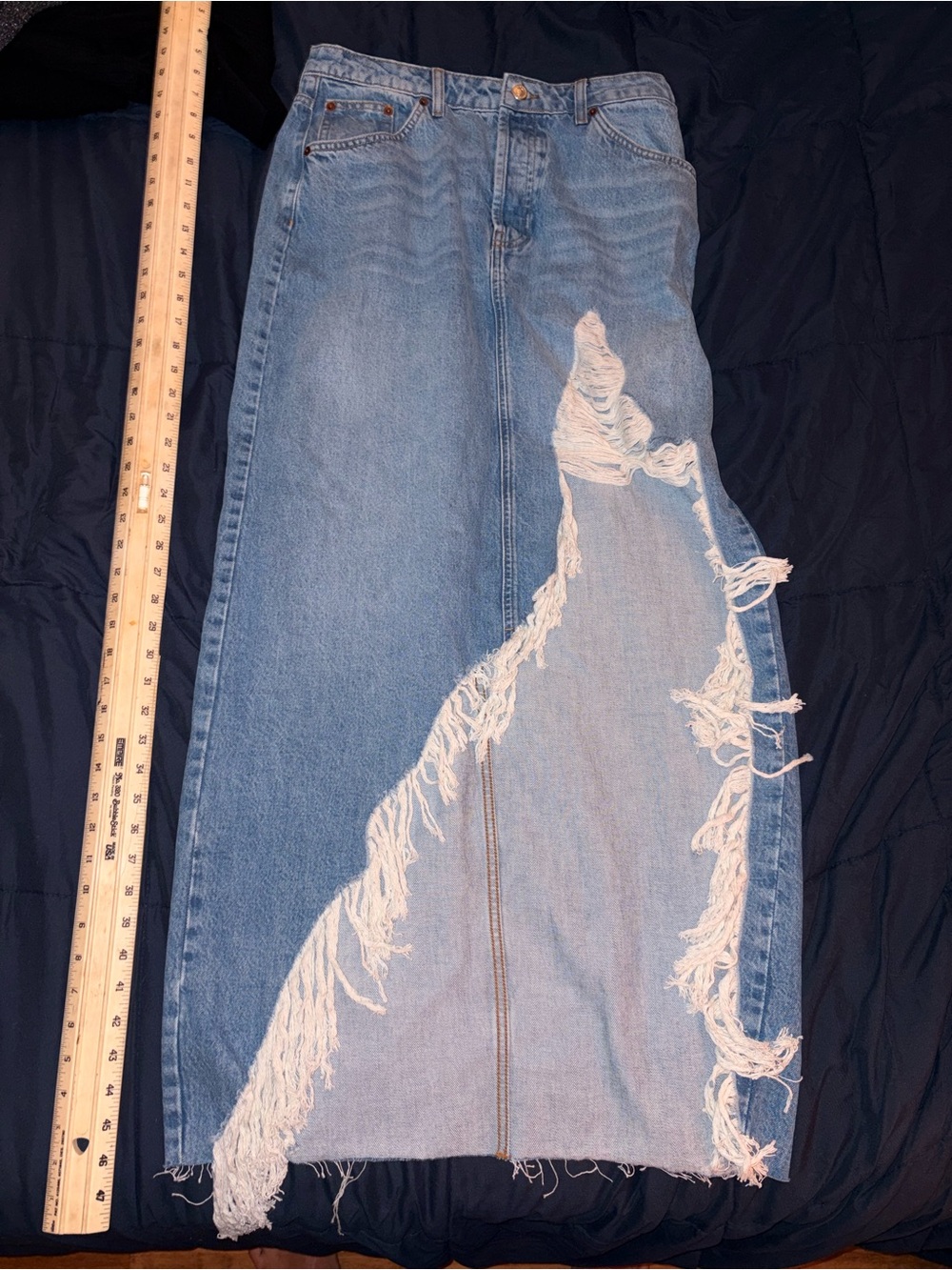 Topshop Denim Maxi Skirt US 10 Blue Distressed Raw Hem High Slit NWT